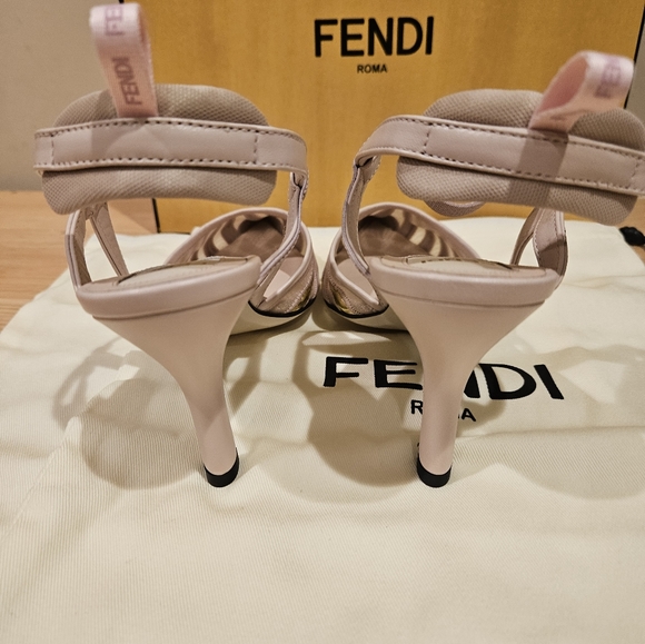 Fendi Leather And Mesh High-heeled Slingbacks In Nude/gold - Picture 10 of 11